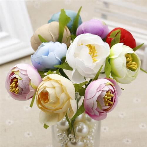 Mini Silk tea rose Bouquet Multicolor Scrapbooking Artificial leaves with Flowers Stamen Wedding Box Decoration