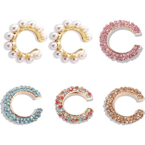 Boho Trendy Pearls Ear Cuff Earring For Women Girls Fashion Colorful Rhinestone Crystal Small Clip Earring Bohemia Ear Jewelry