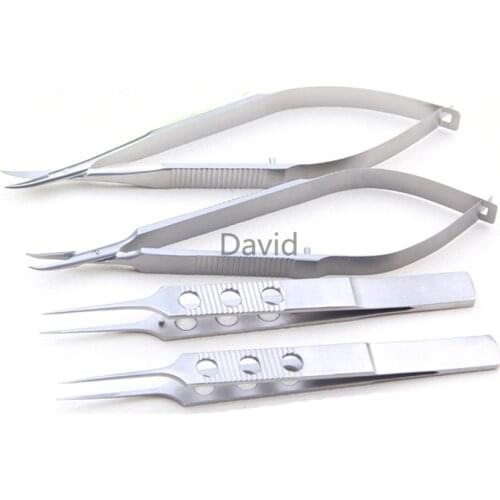 12.5cm Ophthalmic Microscope Kit of 4pcs Hand Surgical Micro Forceps Micro Shear Needle Holder Toothed Platform Forceps