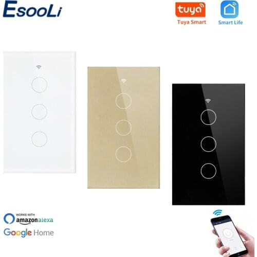 EsooLi 3 Gang Glass Panel US Standard Wall Switch Wireless Control By Tuya APP Smart Home Null and Fire Line WIFI Touch Switch