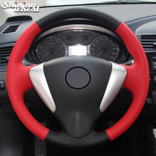 BANNIS Genuine Black Red Leather Car Steering Wheel Cover for Nissan Tiida Sylphy Sentra Versa Note 2014-2017