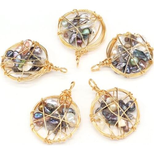 Natural Colorful Pearl Pendant Round Copper Wire Winding Freshwater Pearl Charms for Women DIY Necklace Earring Jewelry Making