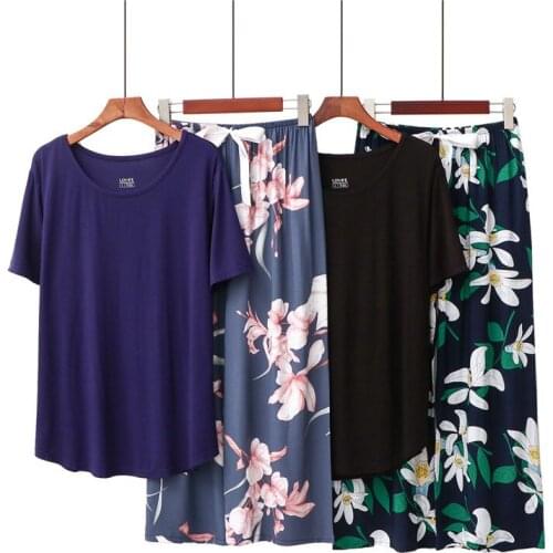 Casual Loose Print Pajamas Women New Short Sleeve Summer Sleepwear Home Clothes Wide Leg Pant Two Piece Set Pijama De Mujer