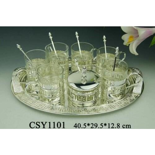 European silver plated coffee set with glass coffee cup alloy tray coffee sugar cup 8-piece set