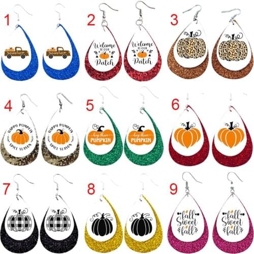 Happy Pumpkin Leopard Halloween Leather Teardrop Layered Glitter Fall Imprint Pumpkin Printed Earrings New