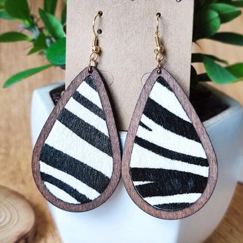Textured Zebra Pattern Drop Earring Fashion Jewelry Retro Vintage Wooden Geometric Bohemian Genuine Leather Earrings for Women
