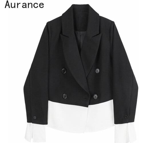 [Aurance] Women Long Sleeve Loose Black Contrast Color Blazer New Notched Collar Fit Jacket Fashion Spring Autumn Clothes 2021
