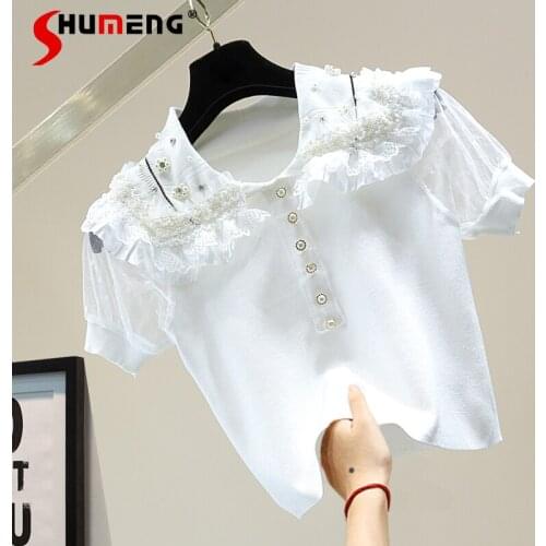 2021 Summer Beads Diamond Ruffled High Waist Female T-shirt Korean Mesh Short Stitching Ice Silk Women Knitted Sweater Top