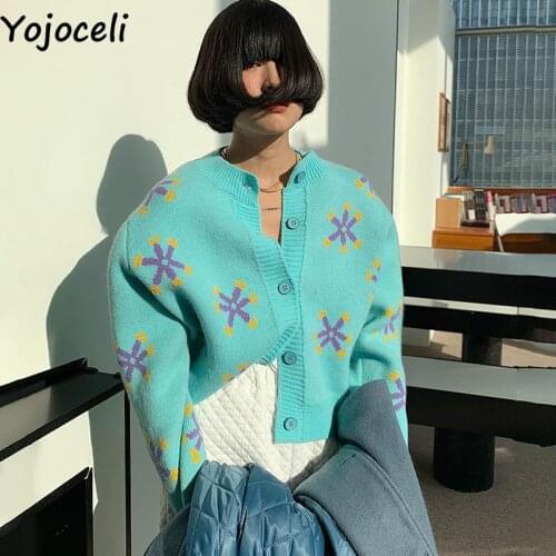 Yojoceli Elegant button floral women knitted cardigan Autumn beige fashion sweater cardigan Casual sexy winter outerwear