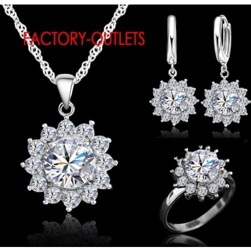 New Fashion Sun Flower Cubic Zirconia Genuine 925 Jewelry Sets Earrings Pendant Necklace Rings Size6-9