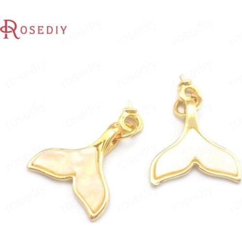40123)10PCS 24K Champagne Gold Color Brass and Imitated Shell with Half Pin Whale Tail Charms Pendants Jewelry Making Supplies
