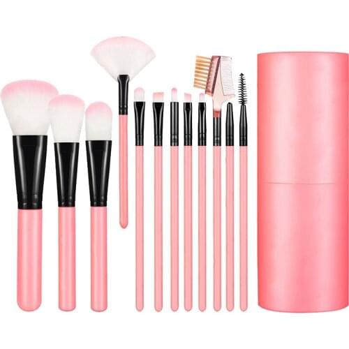 12Pcs Makeup Brushes Set Make Up Fan Foundation Powder Eyeshadow Face Brush With Brush Case Cup Holder Pink