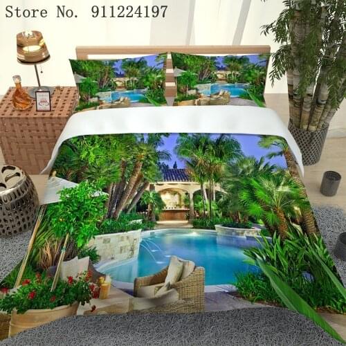 3D Resort Scenery Bedding Set 259*229CM Luxury Bed Sheet Swimming Pool Duvet Cover 3Pcs Single Double Microfiber Bedclothes