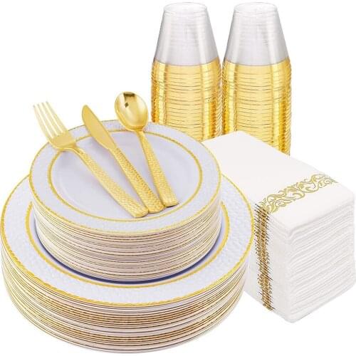 70 Pcs Disposable Tableware White Plastic Tray With Gold Rim Golden Plastic Silverware Cup Napkin Combo Wedding Party Supplies