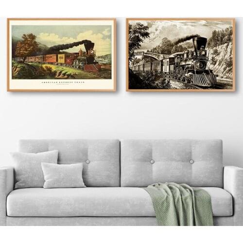 American Steam Train Engine Vintage Poster Art Prints Antique Train Canvas Painting Retro Wall Pictures for Living Room Decor