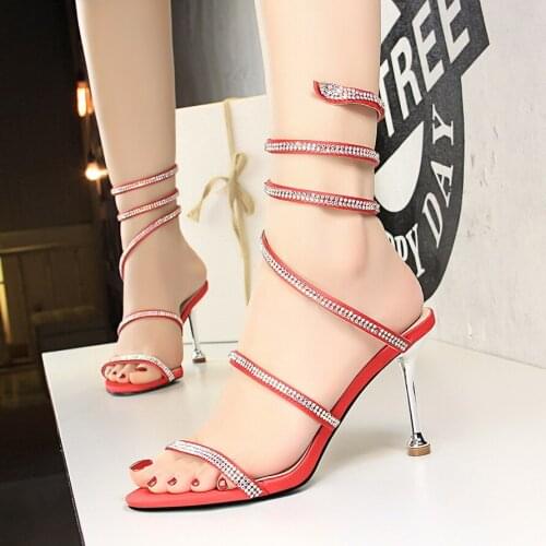 BIGTREE Sexy high heels sandals thin heeled rhinestone band snakelike ankle strap sandals sequin fashion party women shoes