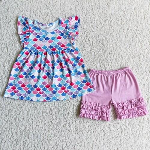 Ready To Ship Kids Summer Short Sleeve Clothes Toddler Girl Fish scales Print Top And Purple Color Shorts Set