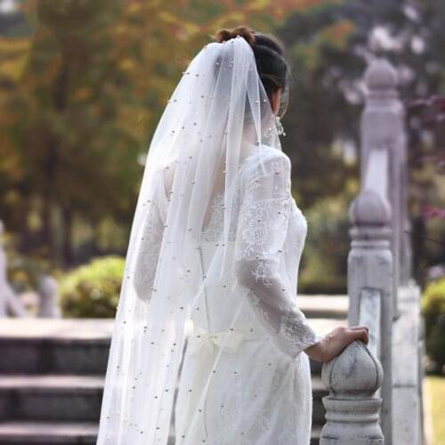 Long New Gold Pearl Veil One Layer 3M Bridal Veil Cathedral 3 Meters Elegant Ivory 1.6M Wedding Veil with Comb Bride Accessories