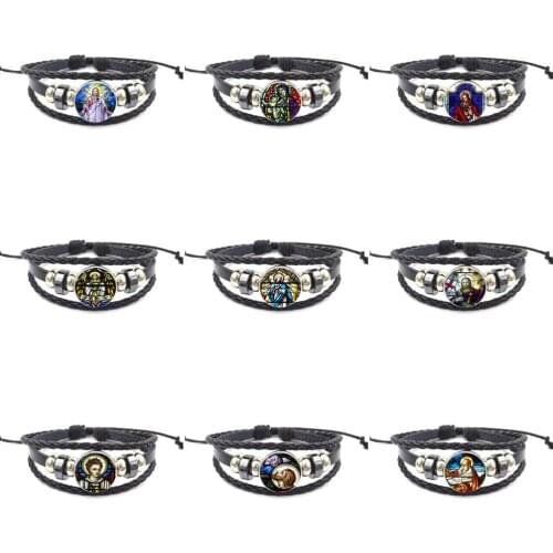 EJ Glaze Jesus Christ Praying Stained For Girls Statement Maxi Personality Glass Black Leather Bracelet Bangle Jewelry