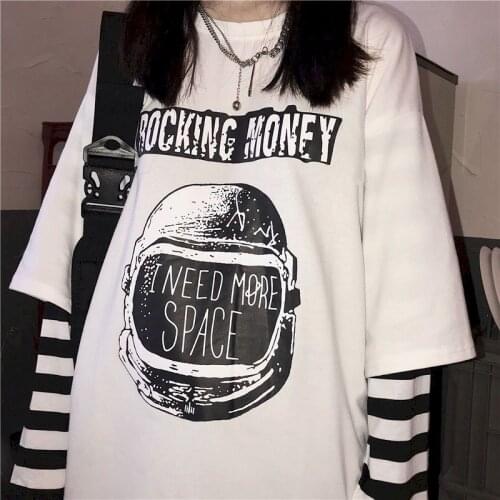 2021 Spring And Autumn Fake Two-piece T-shirt Female Korean Loose Harajuku Vintage Long Sleeve Gothic Punk Clothes Graphic Tee