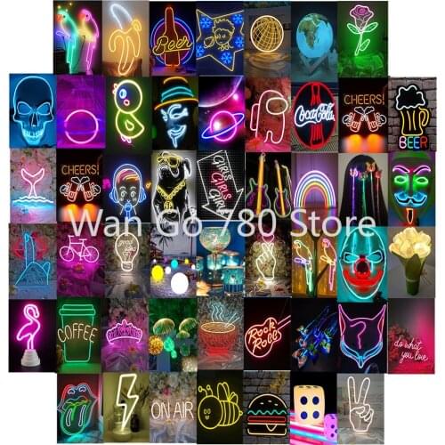 50Pcs Beer Drinks Lamp Aesthetic Picture for Wall Collage kit Neon poster Print Set Illuminate Wall Stickers Bar Cafe Decoration