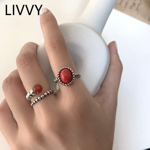 LIVVY Silver Color Finger Rings For Women New Fashion Vintage Red Stone Geometric Party Jewelry Gifts 2021 Trend