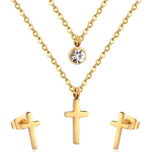 LUXUKISSKIDS Stainless Steel Cross Necklace Earring JewellerySets Crystal Gold Color Wedding Bridal Indian Jewelry Set For Women