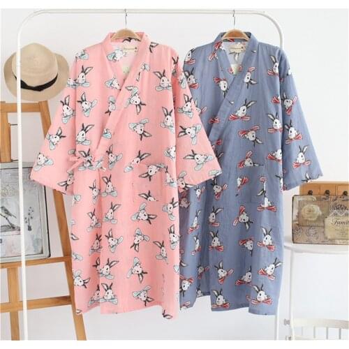 Cute Kimono Women Dress Cardigan Long Cotton Couple Pijama Robe Japanese Style Printed Homewear Half Length Sleeve Bathrobe