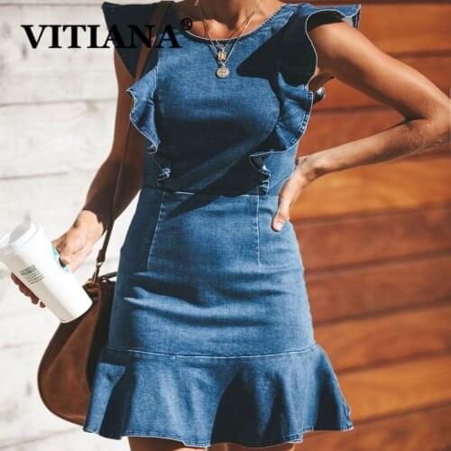 VITIANA Women Ruffles Denim Mini Dress For Womens Summer 2020 Female Blue High elasticity Sexy Party Dresses Femme Vestidos