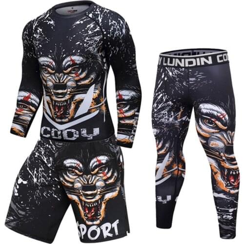 Men Wild Wolf Compression Kickboxing Suits Quick Dry MMA Boxing Jersey Sports Shirt Training Gym Fitness Tracksuits Running Sets