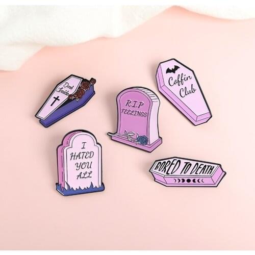 Set Funny Quote Gothic Floral Skull Coffin Lapel Enamel Pins Pink Gravestone Headstones Badges Vampire Dracula Jewelry Whoelsale