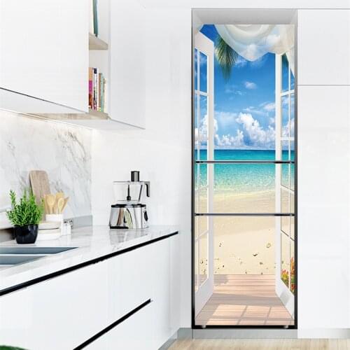 Sea Blue Fridge Stickers 3D Natural Scenery Self-adhesive Removable PVC Refrigerator Door Wall Stickers Kitchen Renew Home Decor