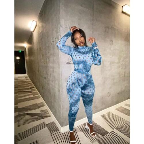 Ueteey New Two-piece Sexy Skinny Tie-dye Print Hole Design Women Pant Set