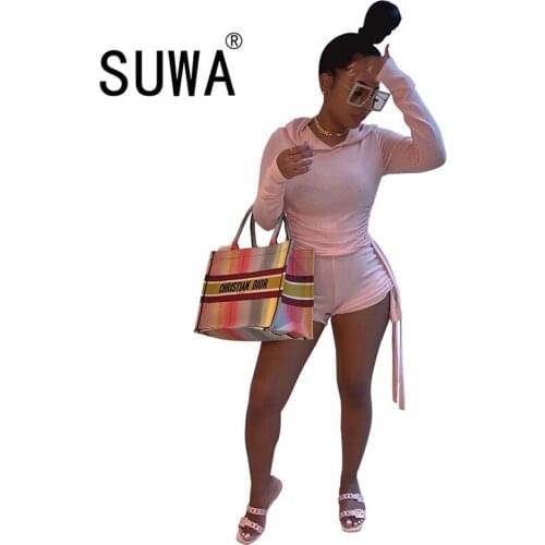 Solid color women two piece shorts set long sleeve sweatshirt top + high waist biker shorts sweatpants lounge wear