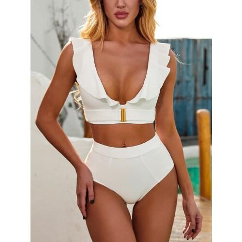 Sexy High Waist Bikini 2021 Women Solid White High Cut Push Up Ruffled Swimsuit Female Bathing Suit Buckle Swimwear Biquini