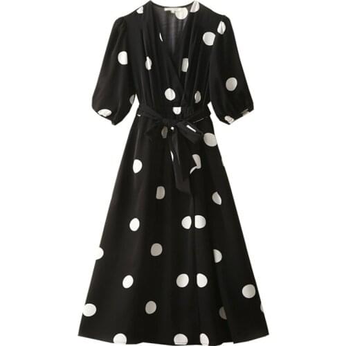 Customize Made Women Summer Fashion plus Size 3XS-10XL Black with White Dot A Line Knee Length Dress