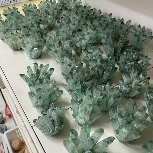 Natural quartz crystal clusters of green ghost crystal mineral samples home mounted healing gems