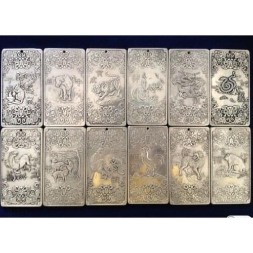 Christmas decorations for home+ 12Pcs Old Chinese Twelve Zodiac Tibet Silver Bullion thangka statue amulet