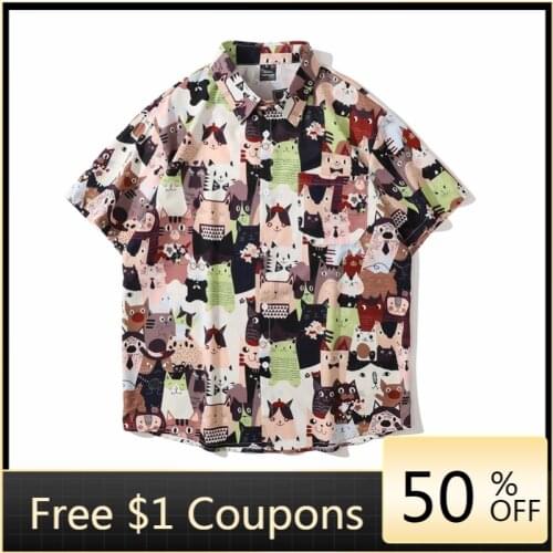 Cartoon Cat Full Printed Shirt Short-sleeved Men and Women Summer Thin Section Fun Hip-hop Vacation Leisure Shirt Men Shirts