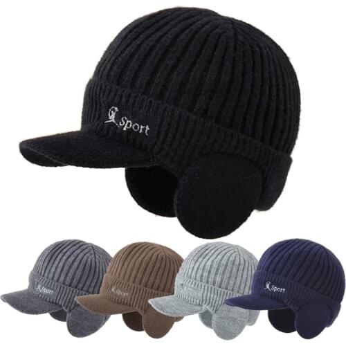 Knitted Ear Protection Unisex Warm Winter Hats Stylish Add Fur Lined Soft Beanie Cap with Brim Thick Winter Hats for Men Women