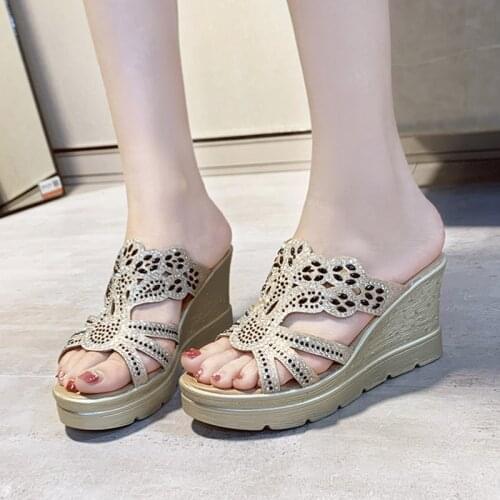 Summer Women Slippers High Heels Wedges Slipper Platform Slides Flowers Beach Shoes Woman Pumps Flip Flops zapatos mujer 8044C