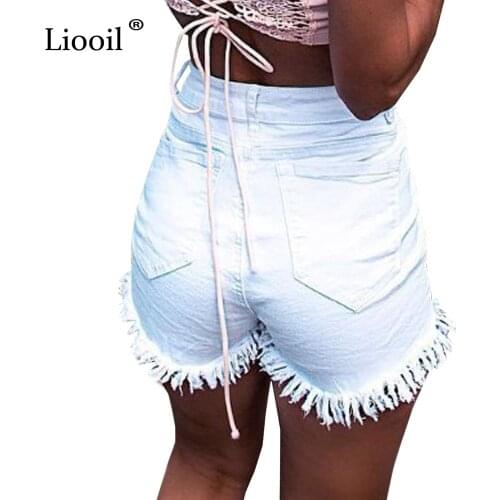 Liooil 2021 Summer Tassel Denim Shorts Black White Red Skinny High Waisted Shorts Button Pockets Casual Women White Jean Shorts