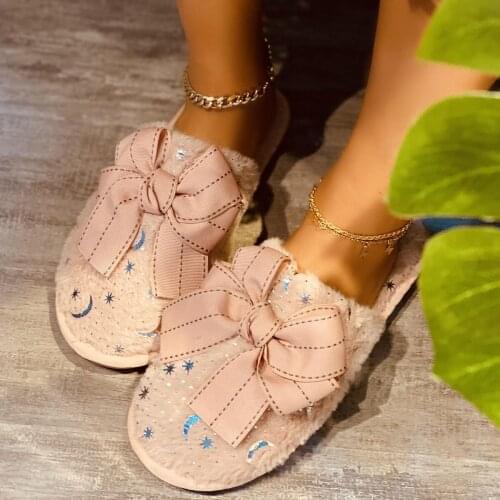 New cotton slippers with bowknot flat bottom slippers for ladies one-line fleece comfortable slippers all-match personality new