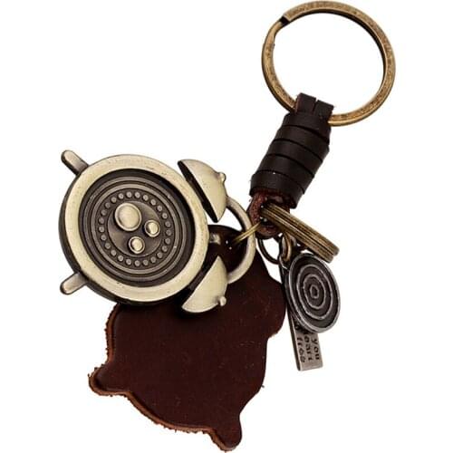 Punk Vintage Alarm Clock Shape Keychain Genuine Leather Key Chain Ring Holder For Men Bag Charm Pendant Car Keyring FY051