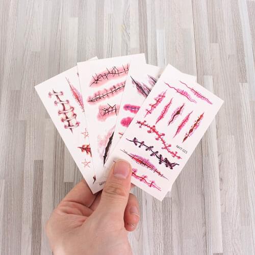 Temporary Men Tattoo Halloween Zombie Scars Tattoos Fake Scab Bloody Makeup Halloween Decor Wound Scary Blood Injury Sticker New