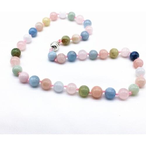 High Quality Natural Stones Beads 10 mm Knotted Necklace 48 cm Magnetic Clasp Blue Chalcedony Morganite Charoite Tourmaline