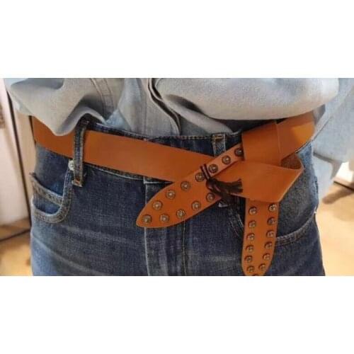 Womens Decor Brown Retro Sheepskin Leather Fashion Rivet Belt Versatile Pure Cattle Belt Without Buckle