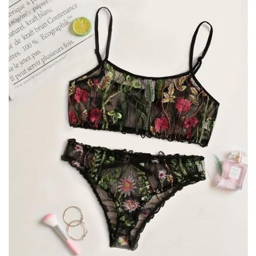 Womens Sexy Lingerie Set Floral Embroidered Sheer Mesh Slim No trace Bra + Panty 2 Piece Nightwear Set