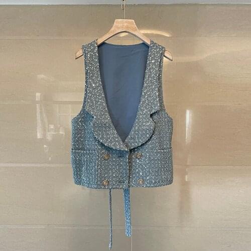 Women Fashion Sequined Tweed Vest Coat Vintage Sleeveless Double Breasted Back Bow Lace Up Pockets Female Chic Tops