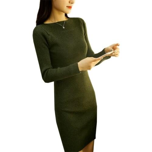 Fall Winter Fashion Long Sleeve Slash Neck Sexy Club Women Dress Slim Bodycon Thick Knitted Sweater Pullover lady Dresses WZ011